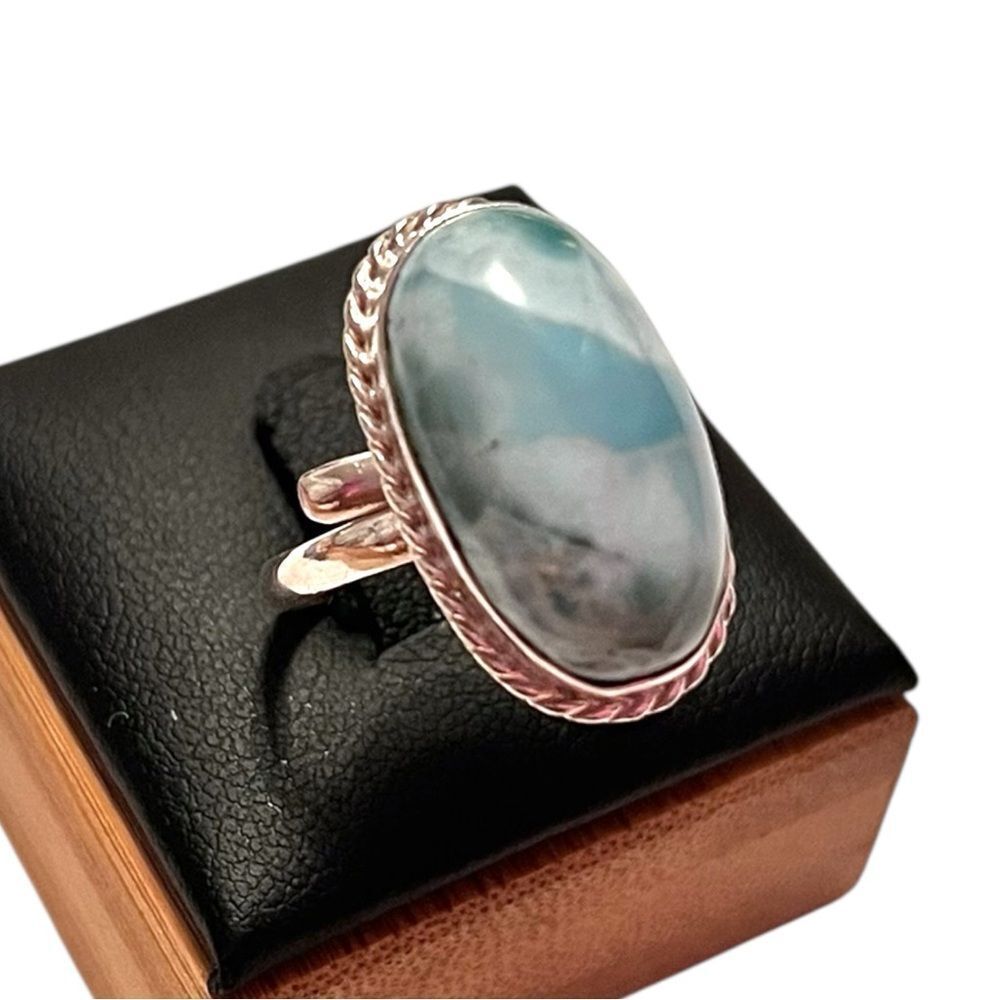Elegant Sterling Silver Oval Larimar Adjustable Ring - Picture 2 of 6